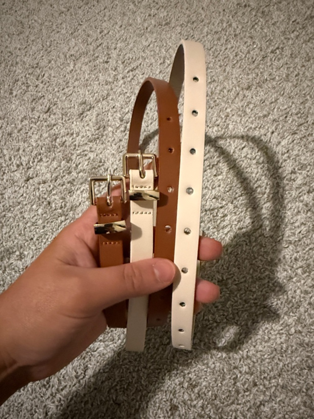 Set of Two Slim Studded Belts in Tan and Cream